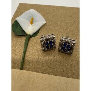 Sterling Silver 925 CI Signed Square Stud Earrings W/Clear & Blue Sparkling Gem